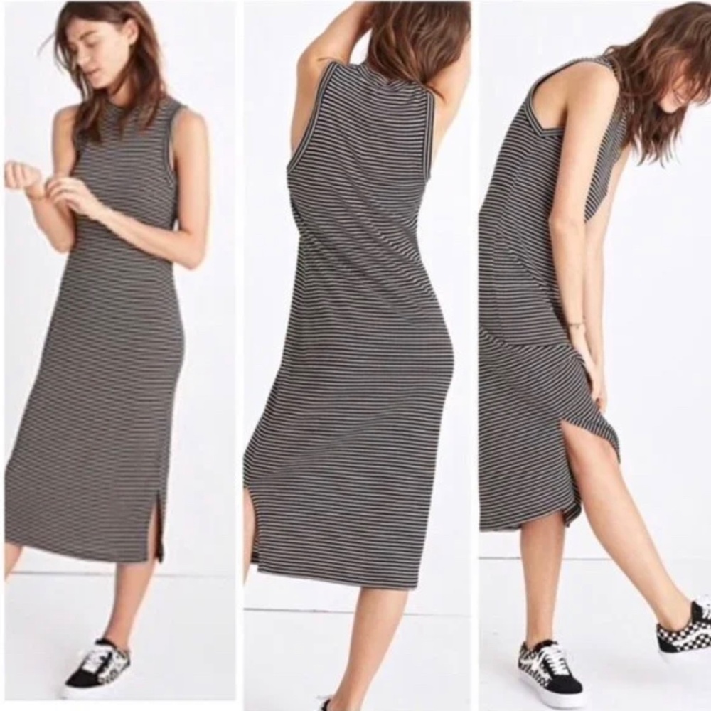 Madewell Women's Wool Blend Mockneck Midi Dress in Black/White Stripe